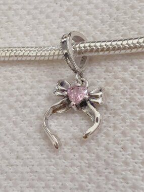 Pink Bow Silver Charm For Pandora Bracelet or Necklace